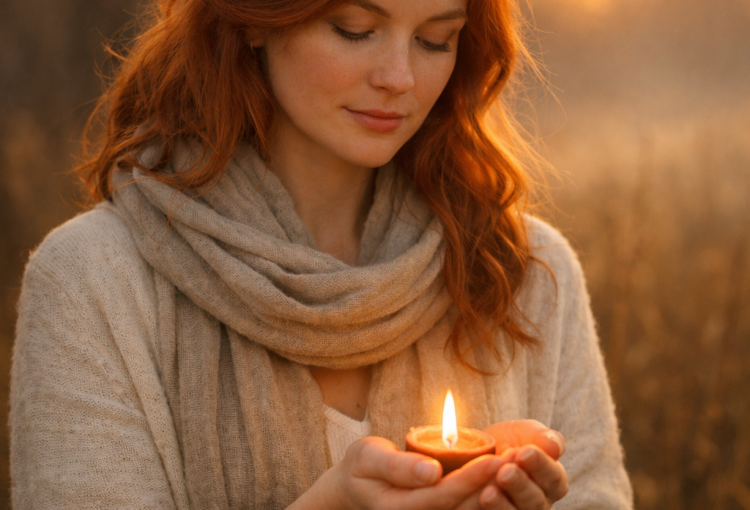 Red haired woman in field holding candle flame