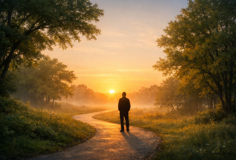 Man walking towards sunset